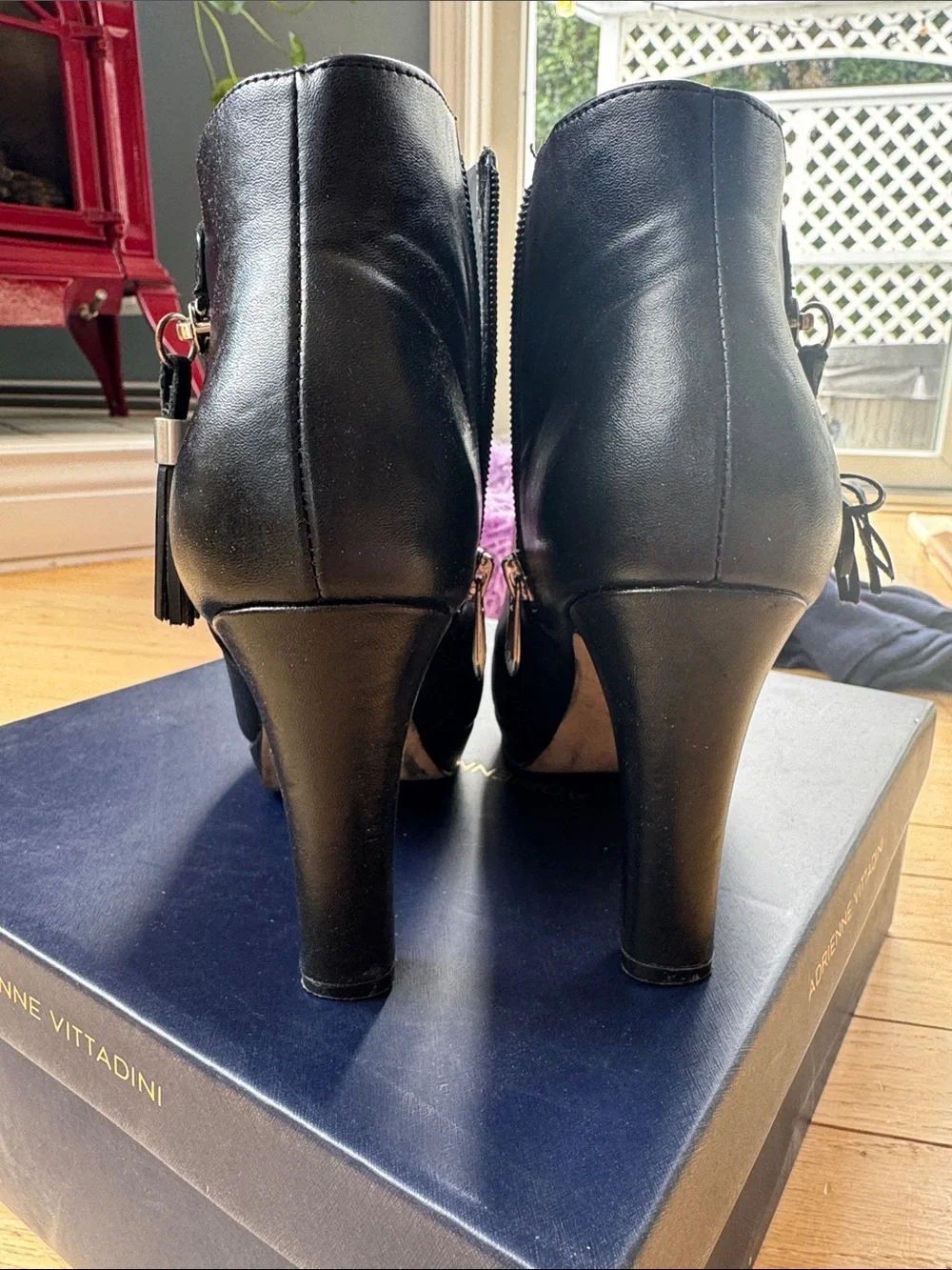 Adrienne Vittadini Black Leather Platform Ankle Booties with Side Zipper